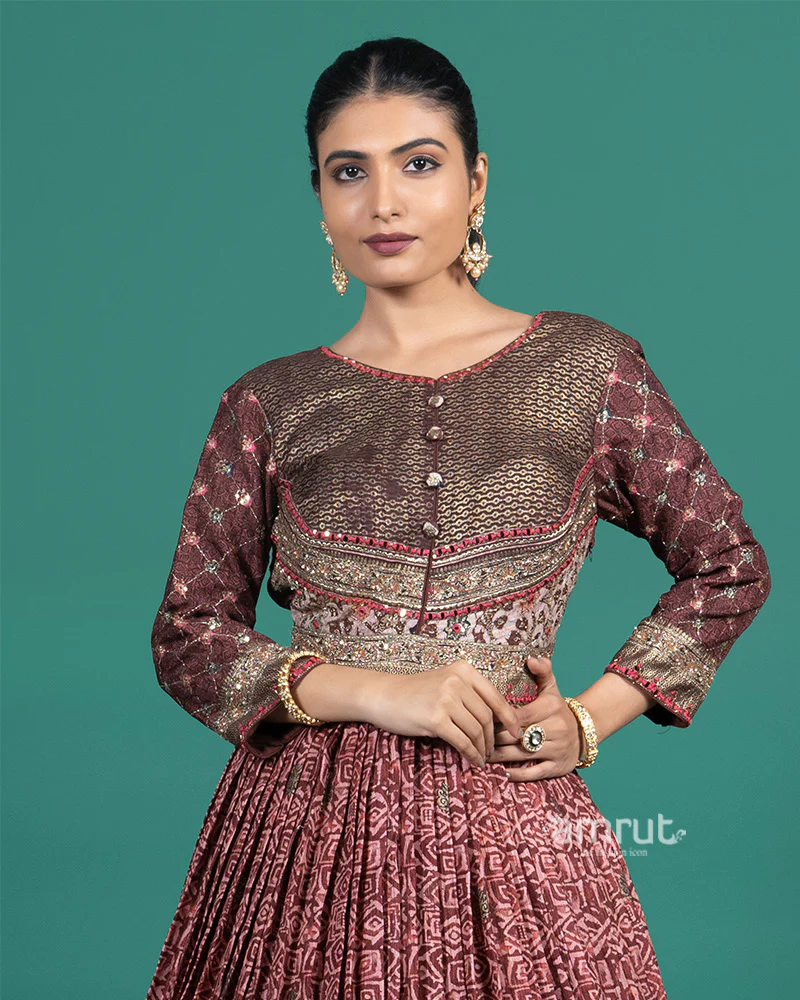 Maroon Pleated Gown with Floral Hem Border - Image 2