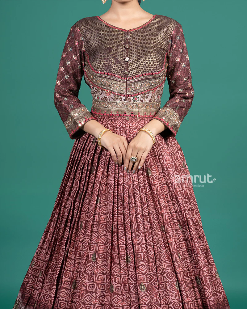 Maroon Pleated Gown with Floral Hem Border - Image 3