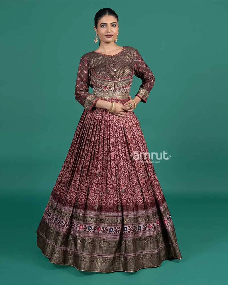 Maroon Pleated Gown with Floral Hem Border - Image 4