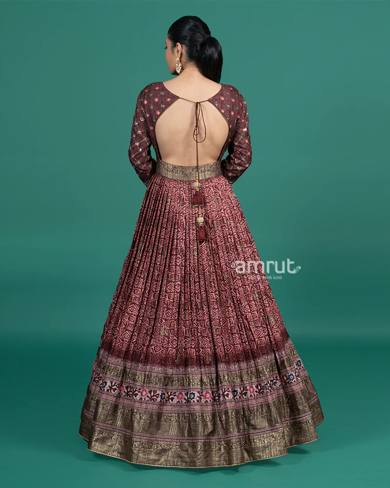 Maroon Pleated Gown with Floral Hem Border - Image 5