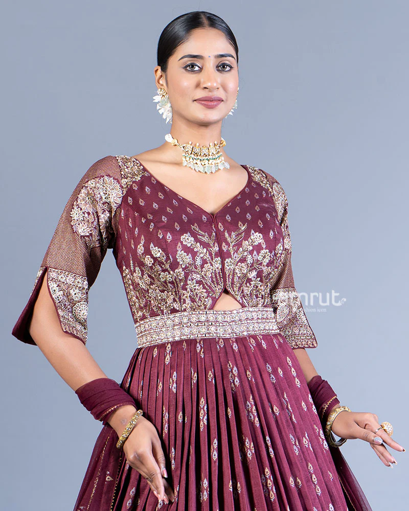 Maroon Pleated Gown with Golden Embroidery and Dupatta - Image 2
