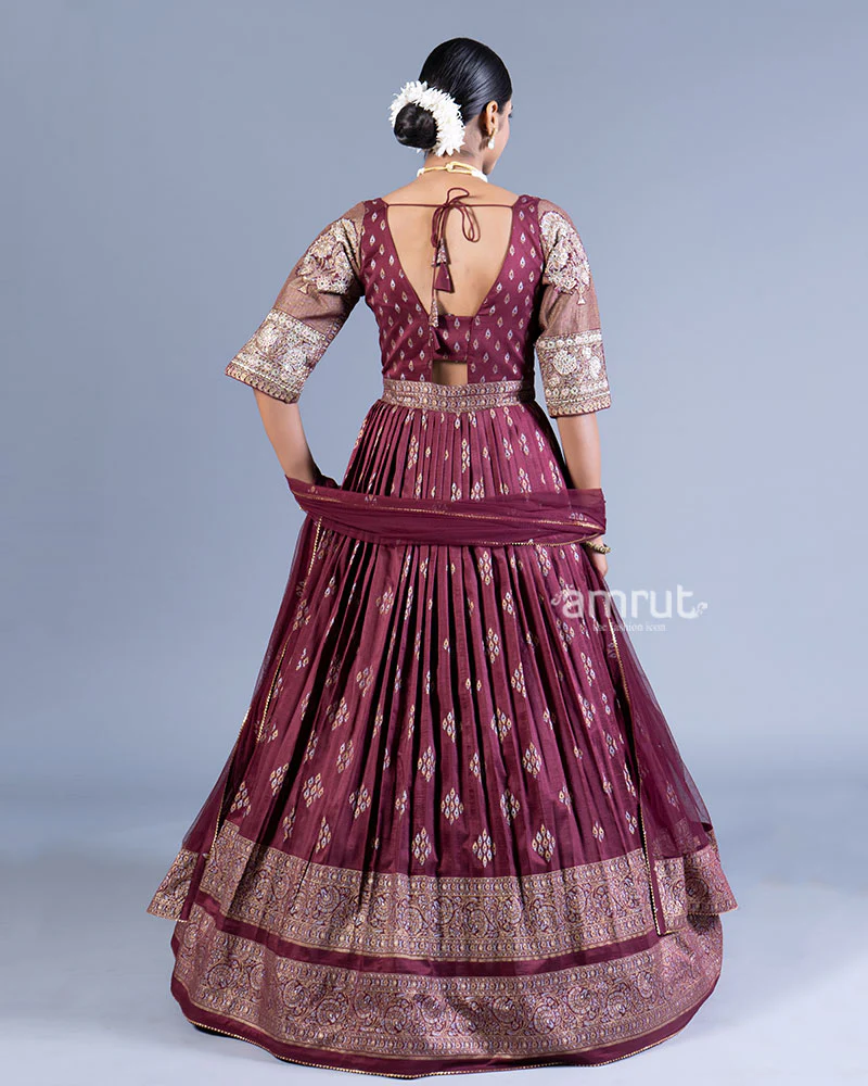 Maroon Pleated Gown with Golden Embroidery and Dupatta - Image 3