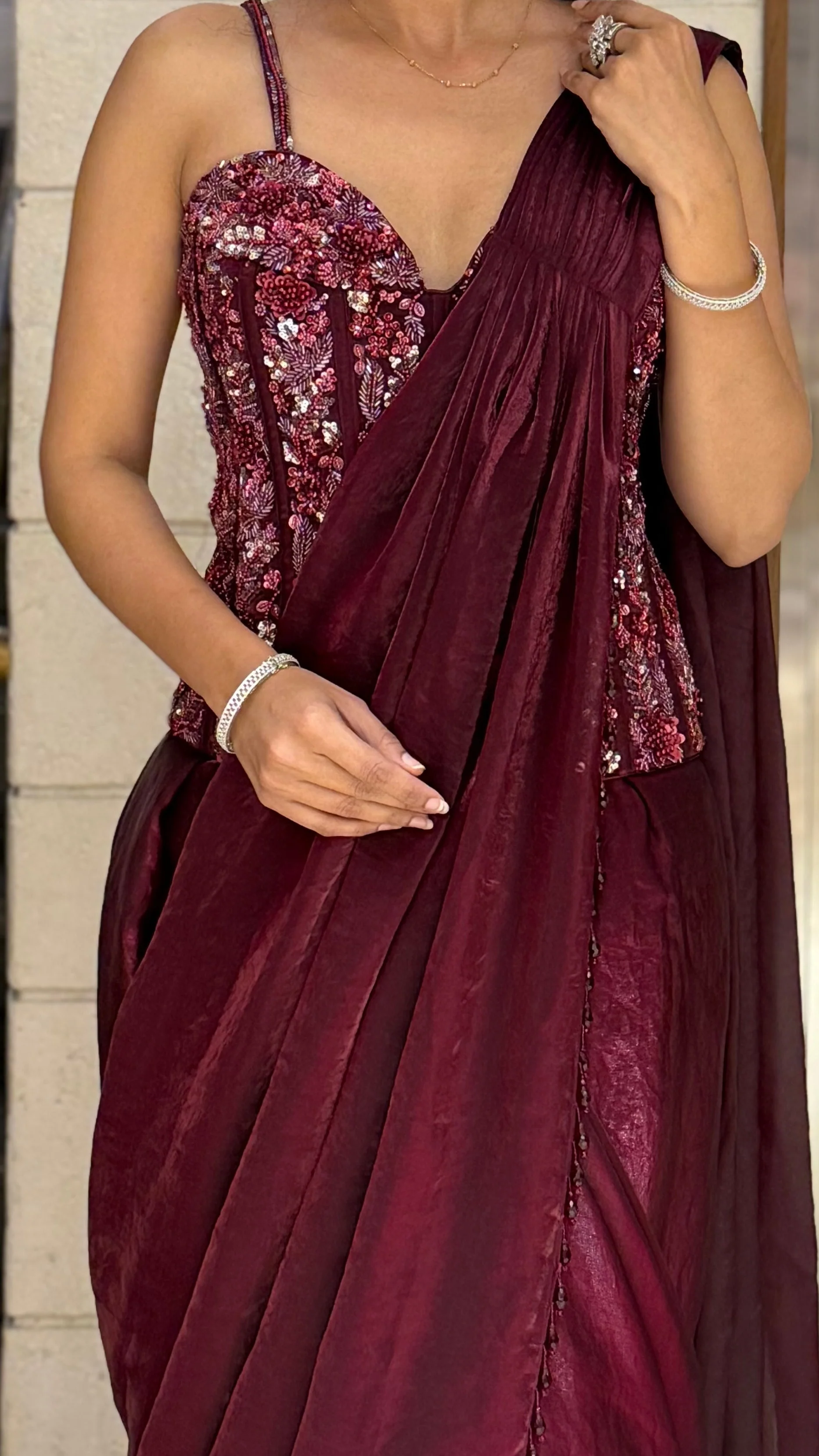 Maroon READY TO WEAR Pre-Draped Saree with Sequin-Embroidered Strappy Blouse - Image 2