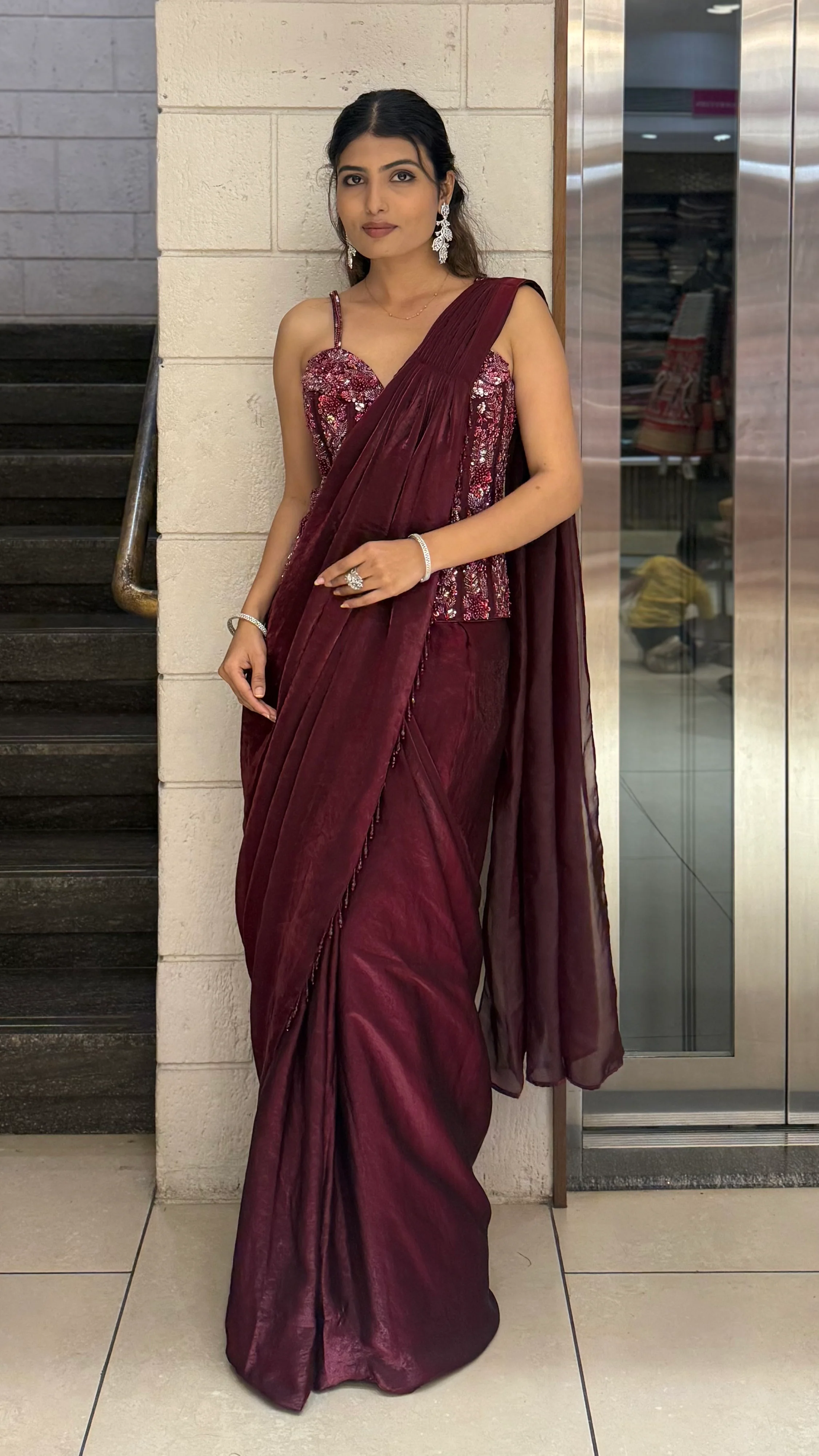 Maroon READY TO WEAR Pre-Draped Saree with Sequin-Embroidered Strappy Blouse - Image 3