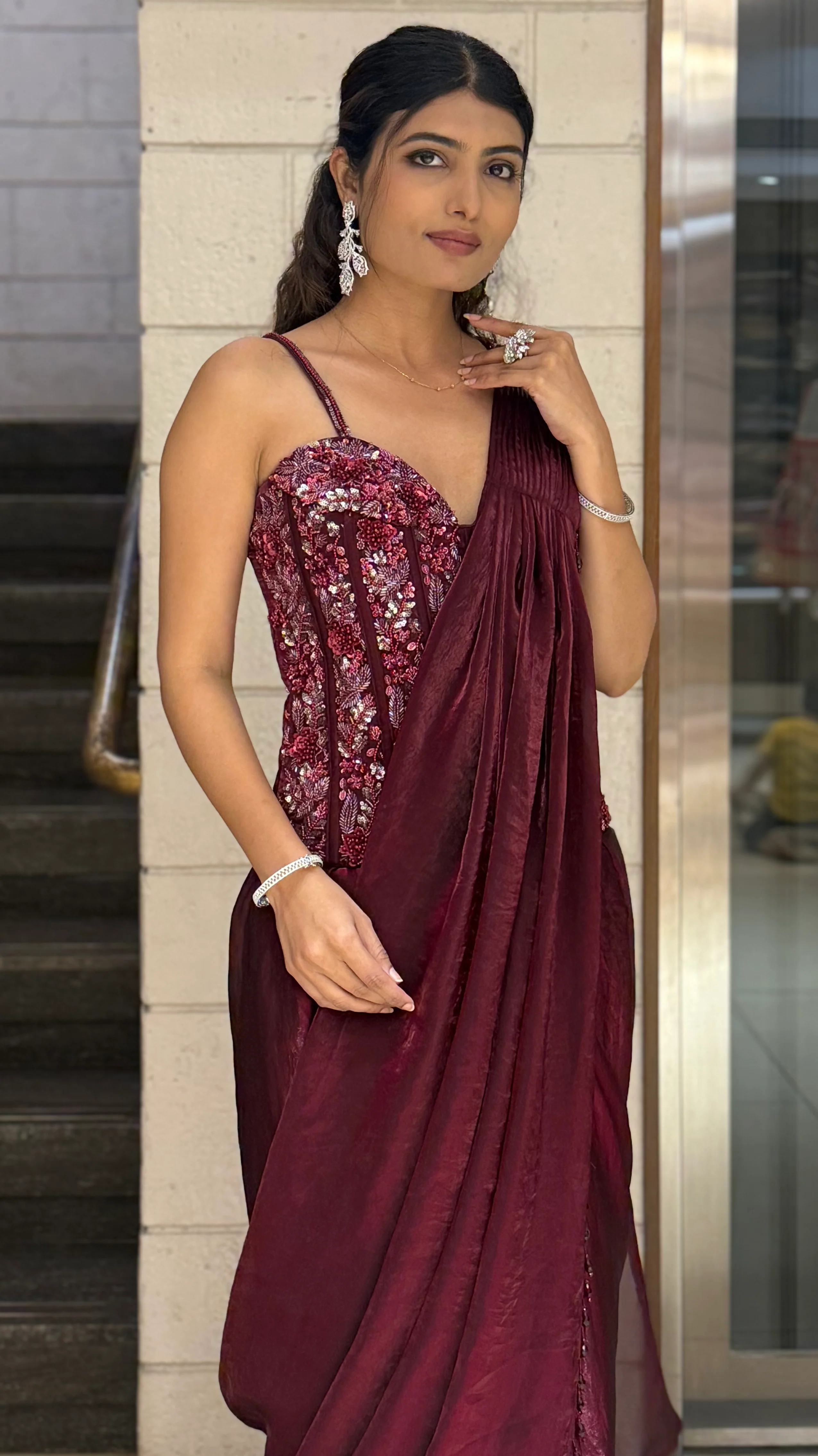Maroon READY TO WEAR Pre-Draped Saree with Sequin-Embroidered Strappy Blouse - Image 4
