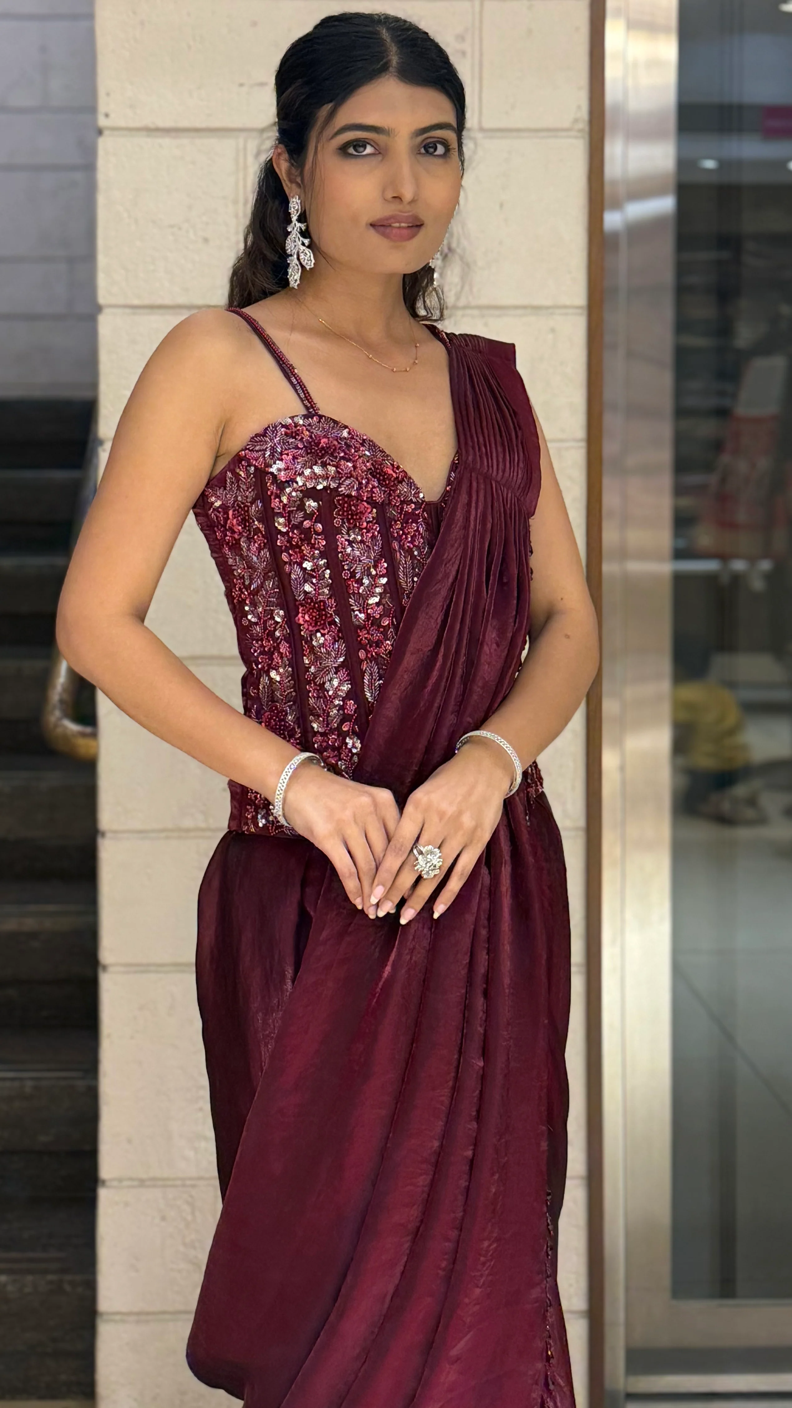 Maroon READY TO WEAR Pre-Draped Saree with Sequin-Embroidered Strappy Blouse - Image 5
