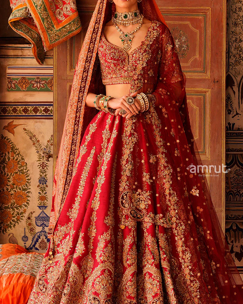 Maroon Red Golden Embroidered Bridal Lehenga with Dupatta - Image 3