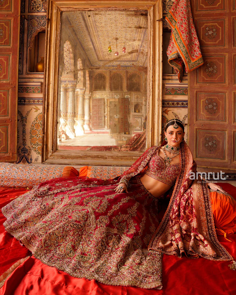 Maroon Red Golden Embroidered Bridal Lehenga with Dupatta - Image 4