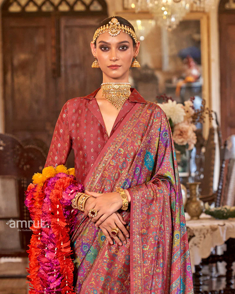 Maroon with Multicolored Printed Saree and Unstitched Blouse - Image 2
