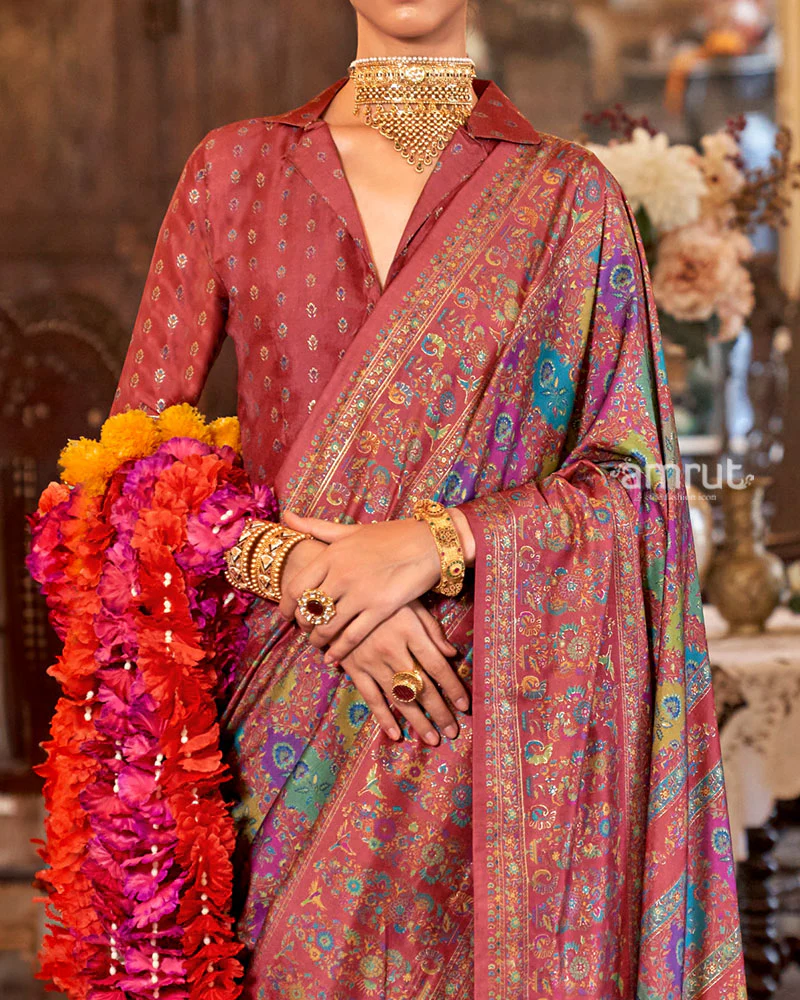 Maroon with Multicolored Printed Saree and Unstitched Blouse - Image 3