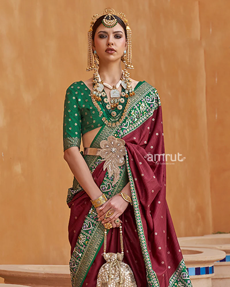 Maroon Zari Weaving Green Border Saree in Patola Silk with Unstitched Blouse - Image 2