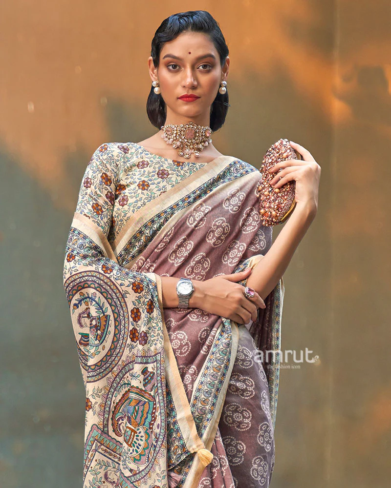 Mauve Floral Printed Cotton Saree with Unstitched Blouse - Image 2