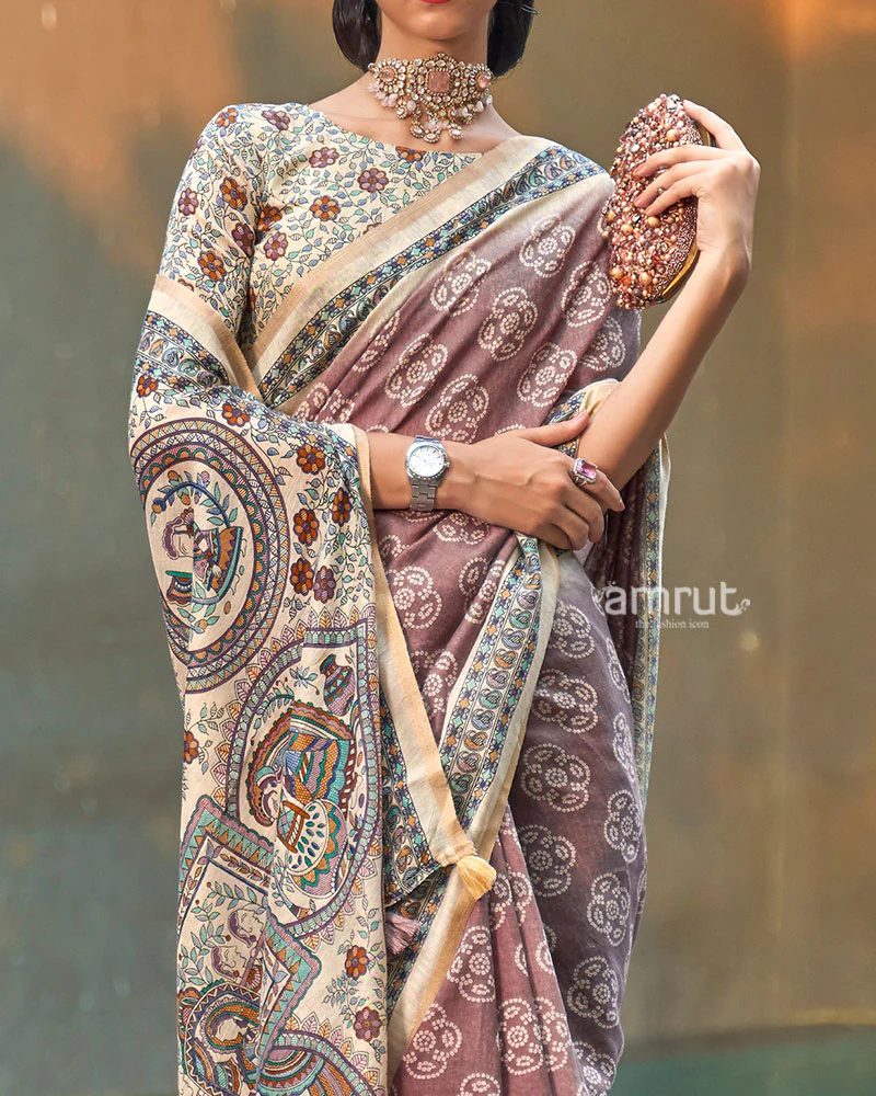 Mauve Floral Printed Cotton Saree with Unstitched Blouse - Image 3
