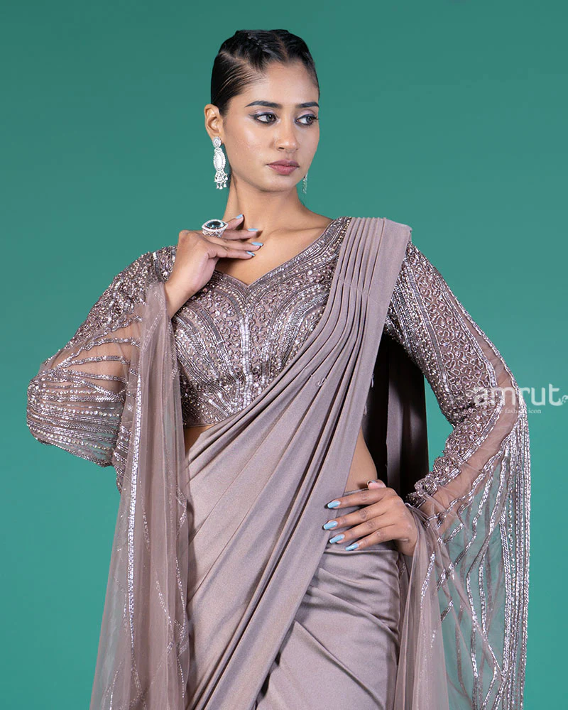 Mauve Grey Ready-to-Wear Saree with Net Sleeves Embellished Blouse - Image 2