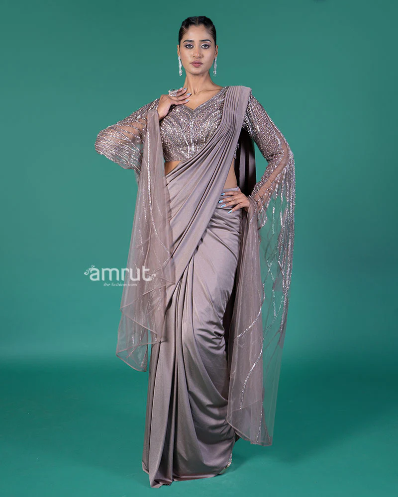 Mauve Grey Ready-to-Wear Saree with Net Sleeves Embellished Blouse - Image 4