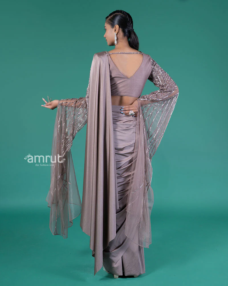 Mauve Grey Ready-to-Wear Saree with Net Sleeves Embellished Blouse - Image 5