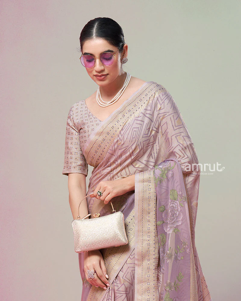 Mauve Printed Saree with Unstitched Blouse - Image 2