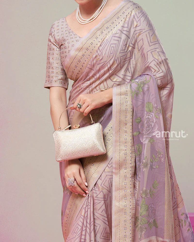 Mauve Printed Saree with Unstitched Blouse - Image 3