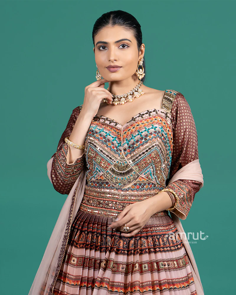 Mauve Rust Embroidered Gown With Net Dupatta - Image 2