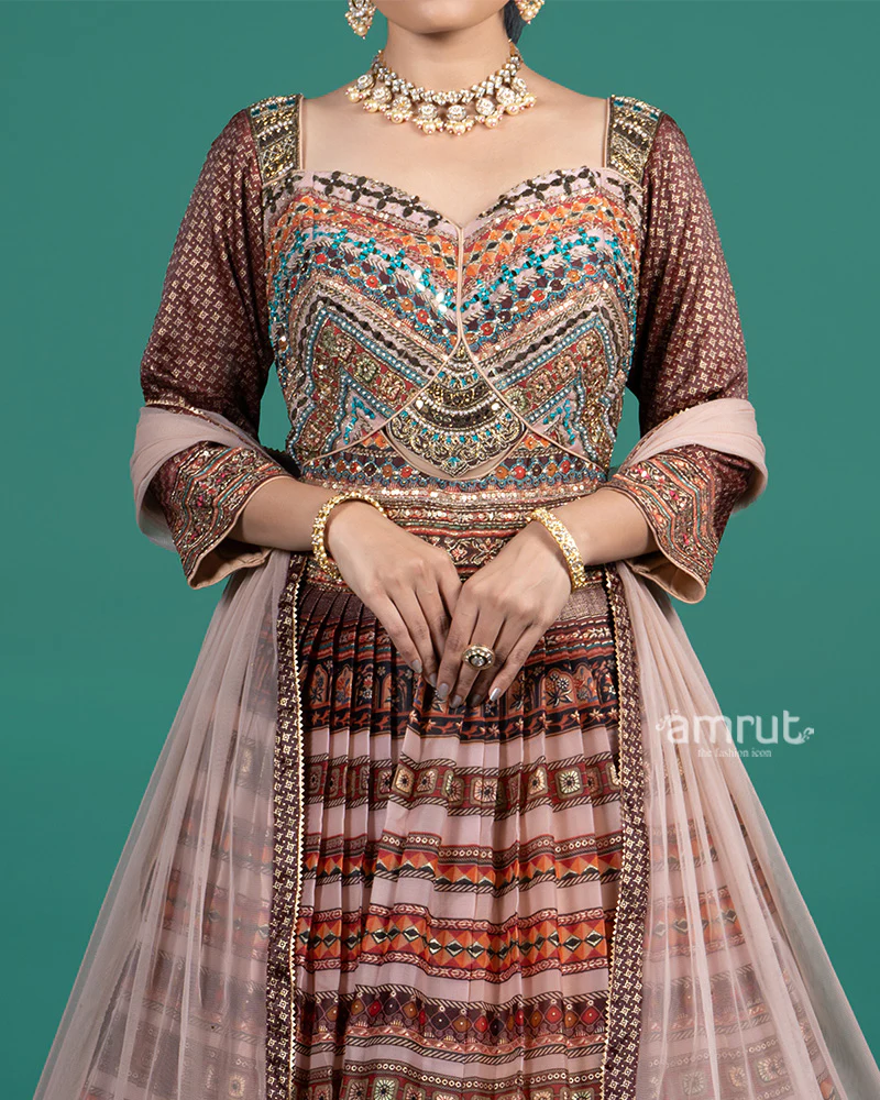Mauve Rust Embroidered Gown With Net Dupatta - Image 3
