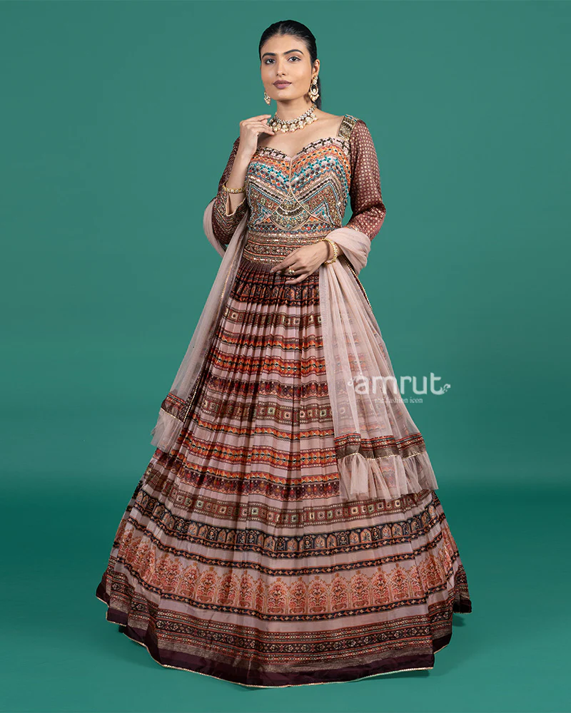 Mauve Rust Embroidered Gown With Net Dupatta - Image 4