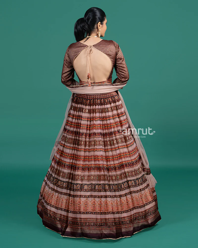 Mauve Rust Embroidered Gown With Net Dupatta - Image 5