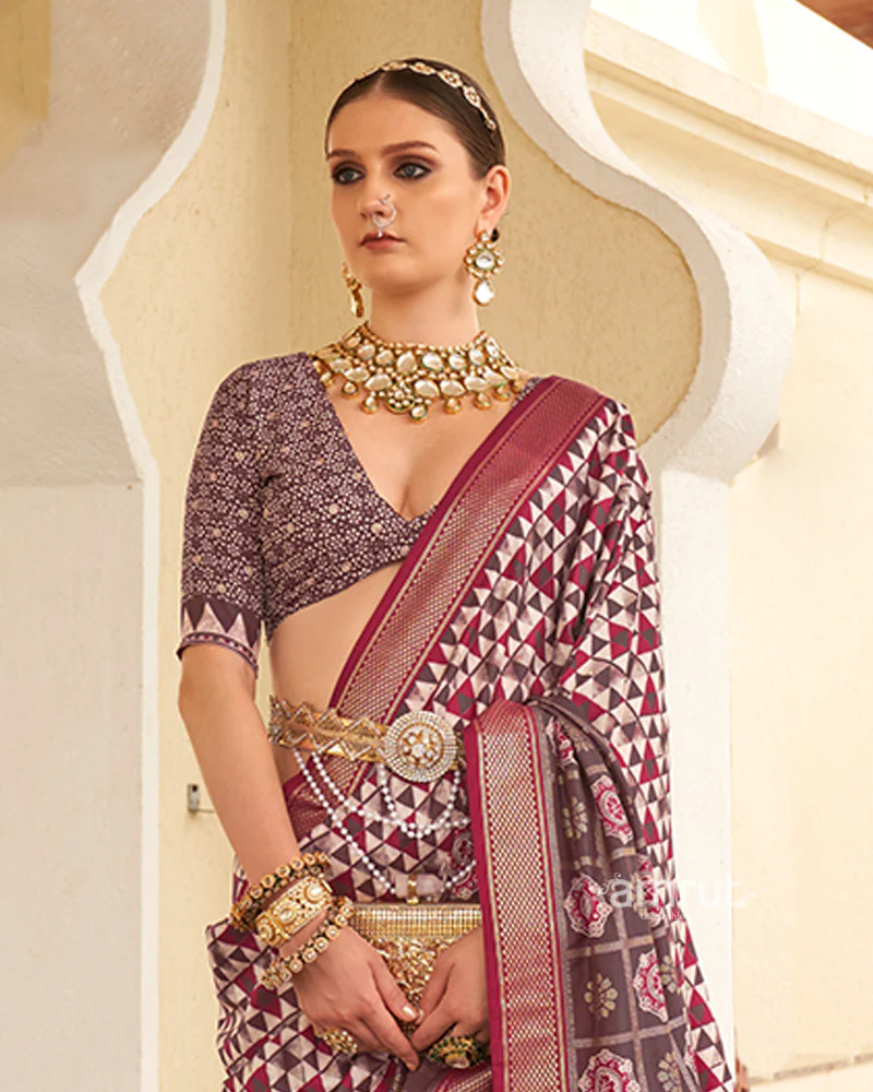Mauve Taupe & White Geometric Printed Embellished Zari Border Silk Saree with Unstitched Blouse - Image 2