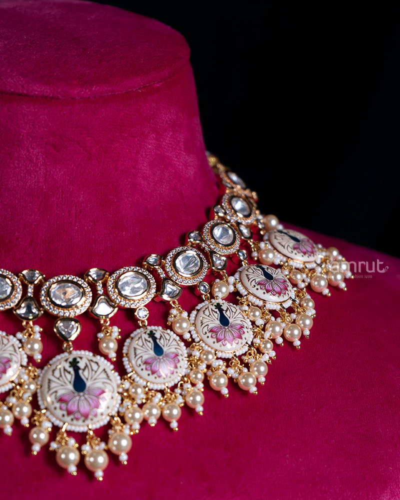 Meenakari Peacock Necklace Set with Kundan, Pearl Accents, and Matching Earrings - Image 2