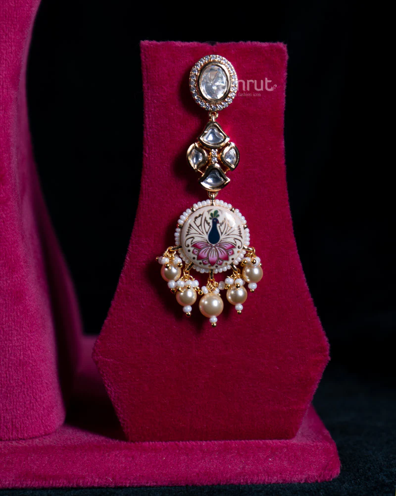 Meenakari Peacock Necklace Set with Kundan, Pearl Accents, and Matching Earrings - Image 3