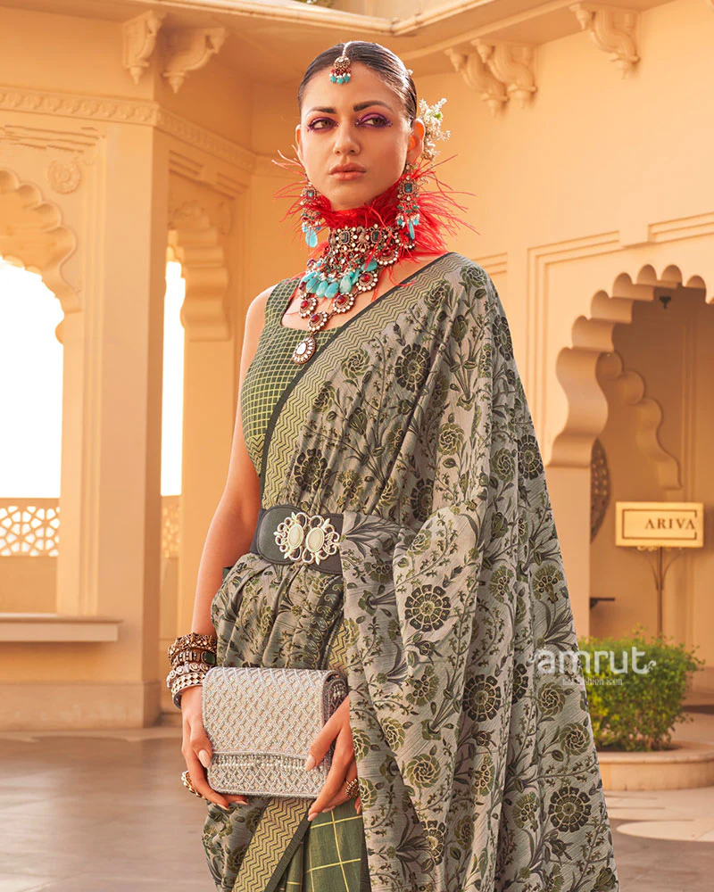 Mehendi Green and Beige Printed Silk Saree with Unstitched Blouse - Image 2