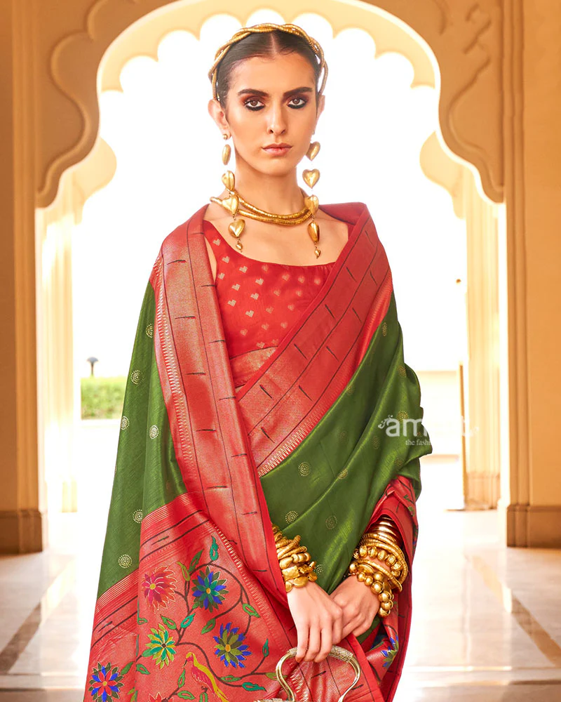 Mehendi Green and Red contrast Border Zari weaving Paithani Silk Saree with Unstitched Blouse - Image 2