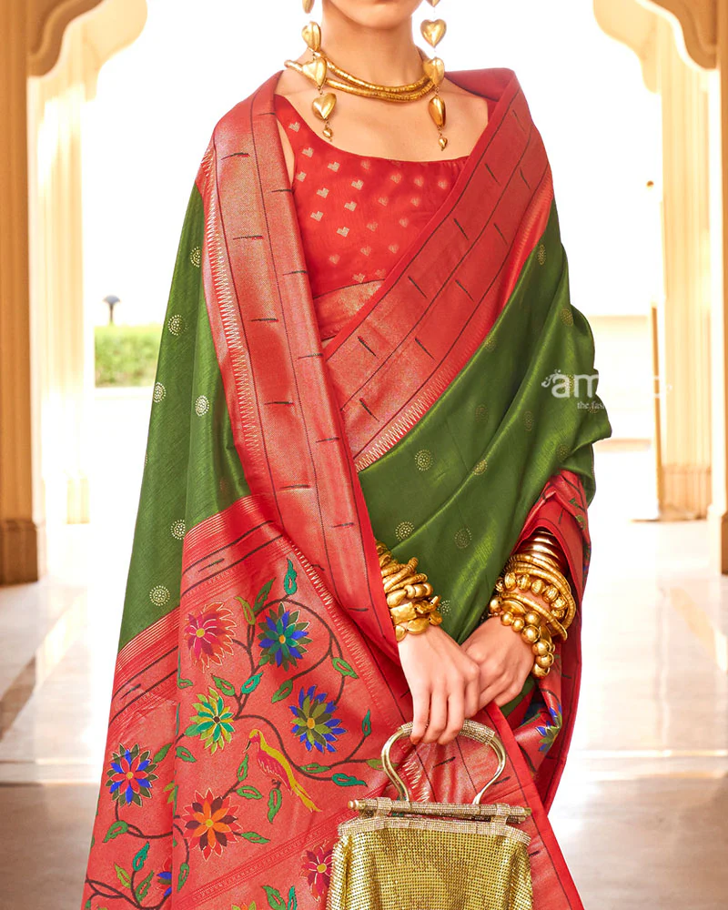 Mehendi Green and Red contrast Border Zari weaving Paithani Silk Saree with Unstitched Blouse - Image 3