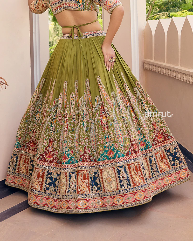 Mehendi Green Embroidered Lehenga With Maroon Bandhani Dupatta - Image 3
