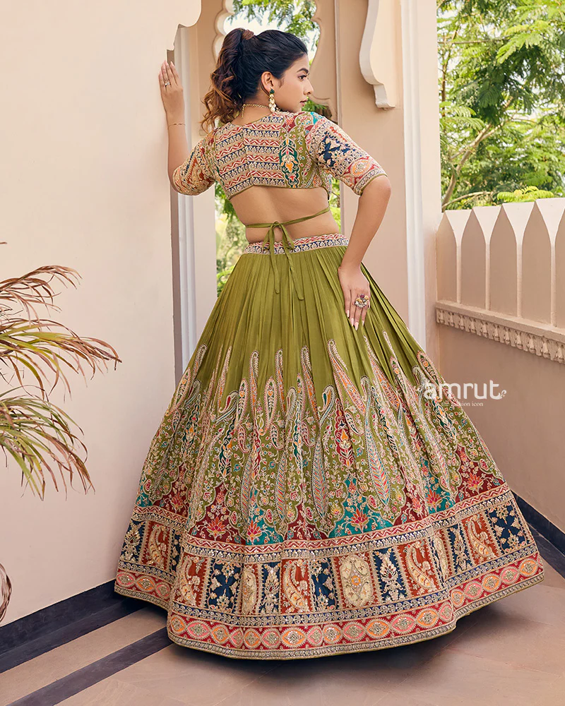 Mehendi Green Embroidered Lehenga With Maroon Bandhani Dupatta - Image 4