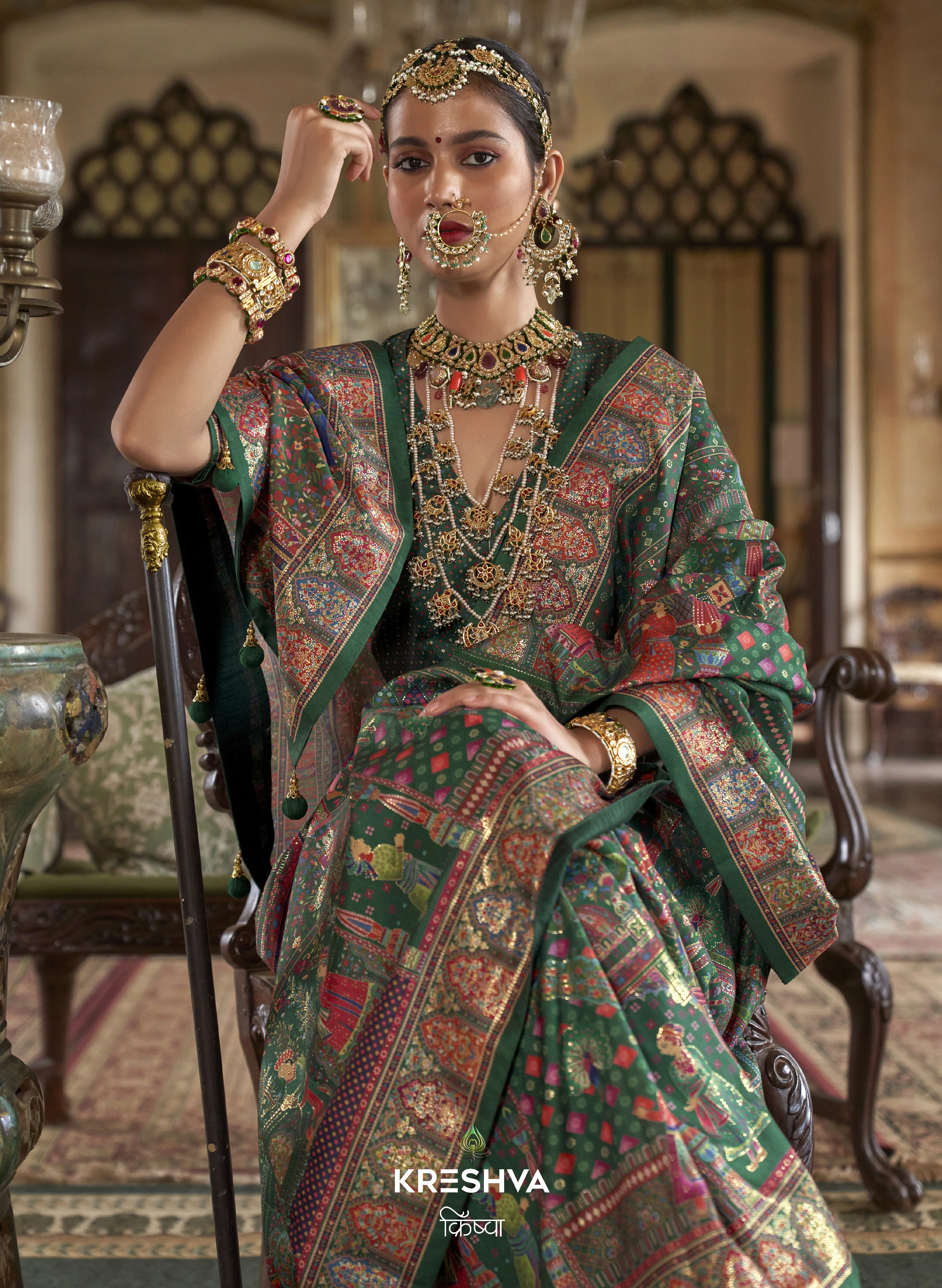 Mehendi Green Heritage Pashmina Inspired Designer Saree with Royal Multicolour Border - Image 2