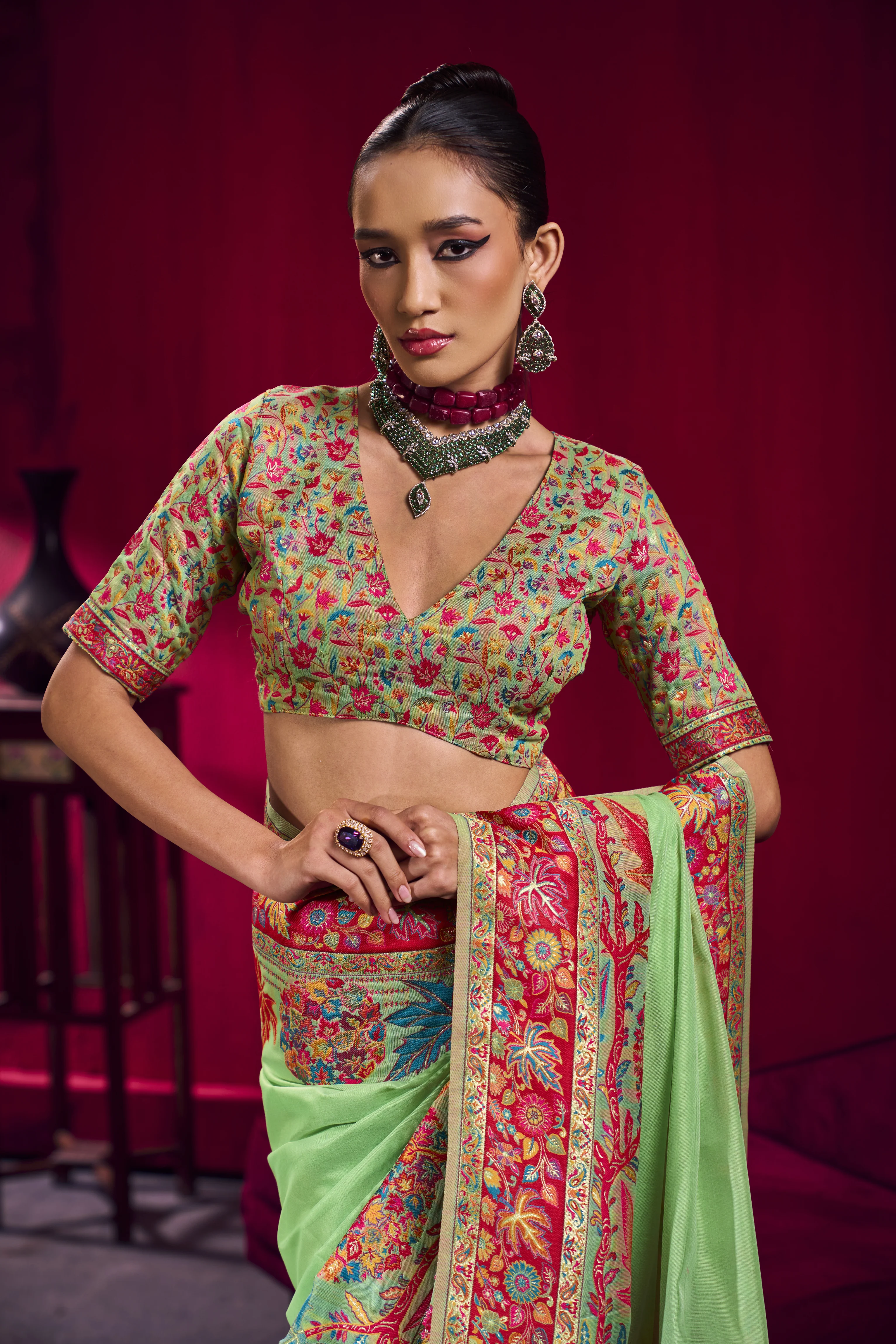 Mehendi Green Kashmiri Modal Pashmina Saree with Multicolor Floral Weaving - Image 2