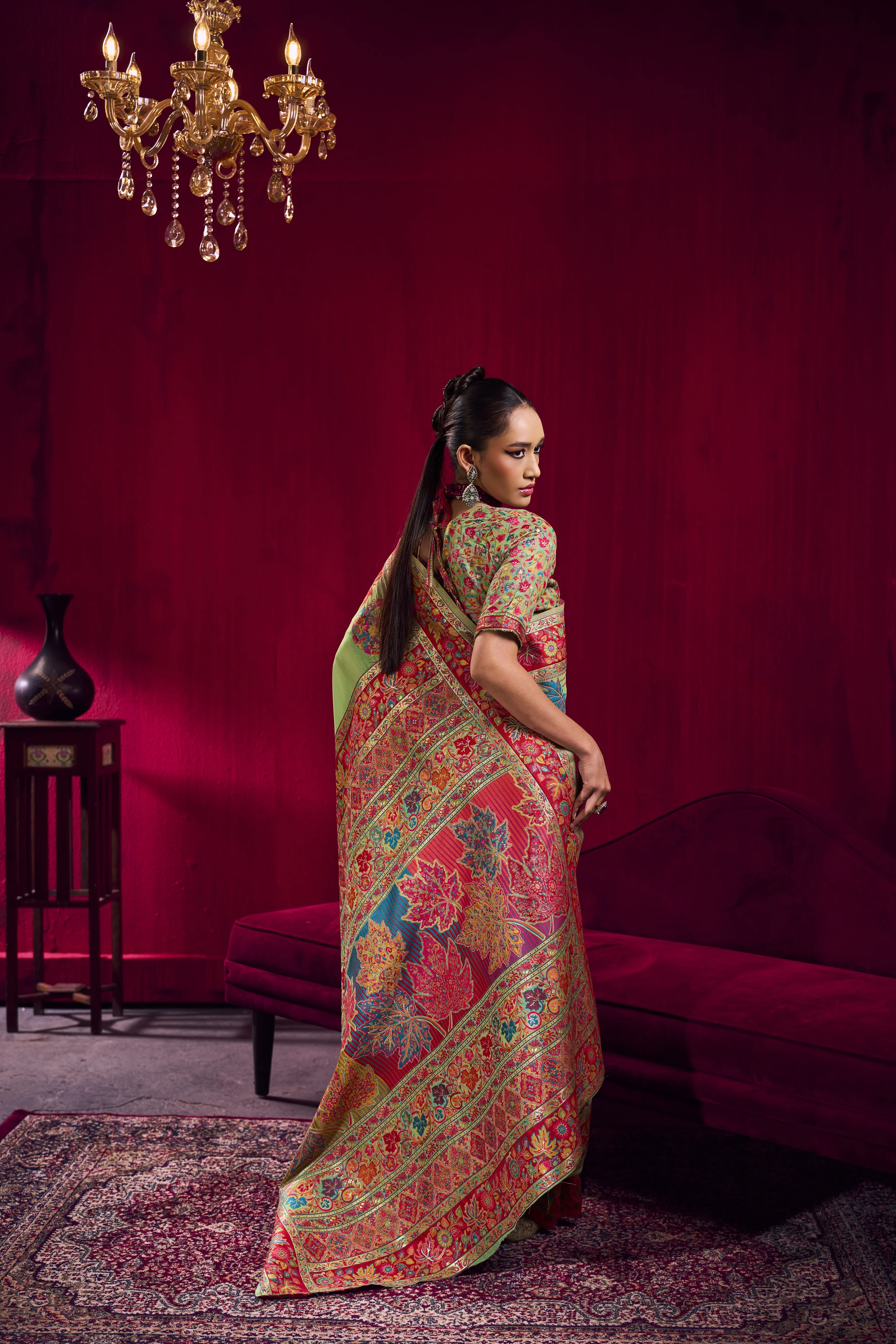 Mehendi Green Kashmiri Modal Pashmina Saree with Multicolor Floral Weaving - Image 3
