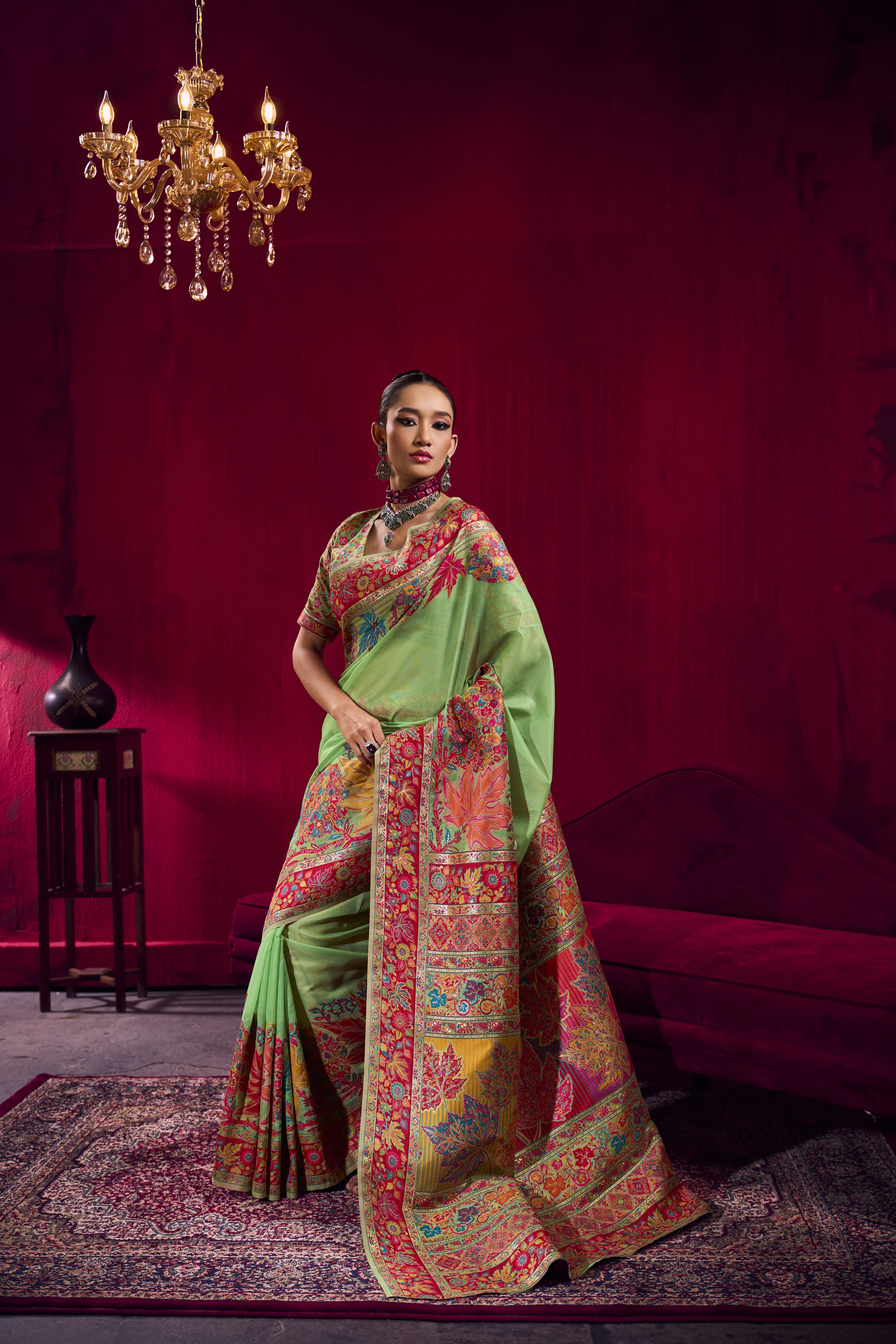 Mehendi Green Kashmiri Modal Pashmina Saree with Multicolor Floral Weaving - Image 4