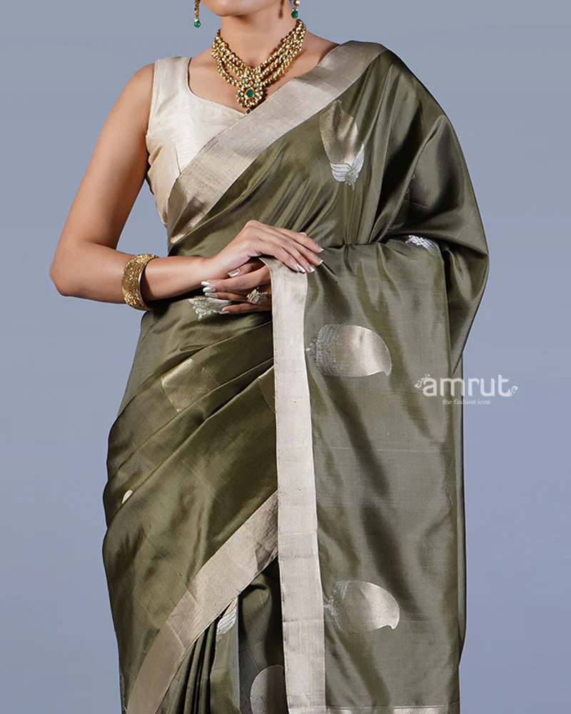 Mehendi Green with Golden Zari Leaf Patterns and Geometric Motifs Saree with unstitched blouse - Image 3