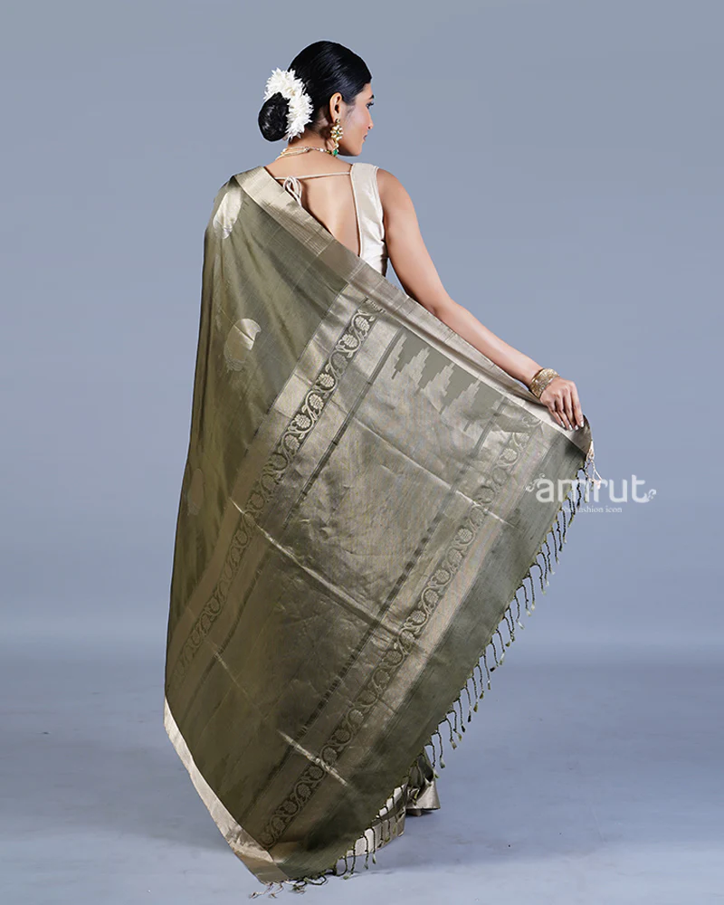 Mehendi Green with Golden Zari Leaf Patterns and Geometric Motifs Saree with unstitched blouse - Image 6