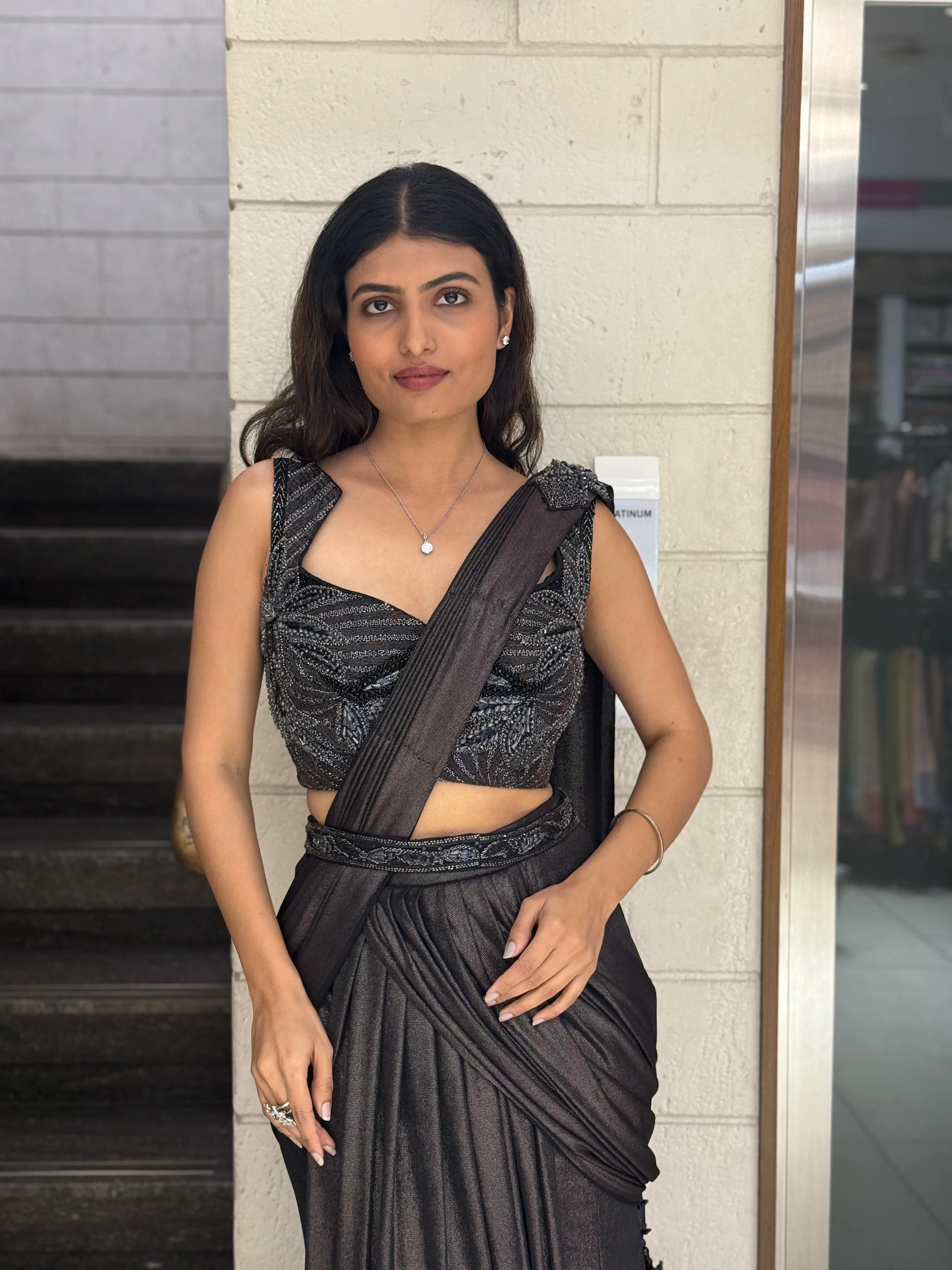 Metallic Charcoal Designer Ready-to-Wear Saree with Embellished Blouse - Image 3