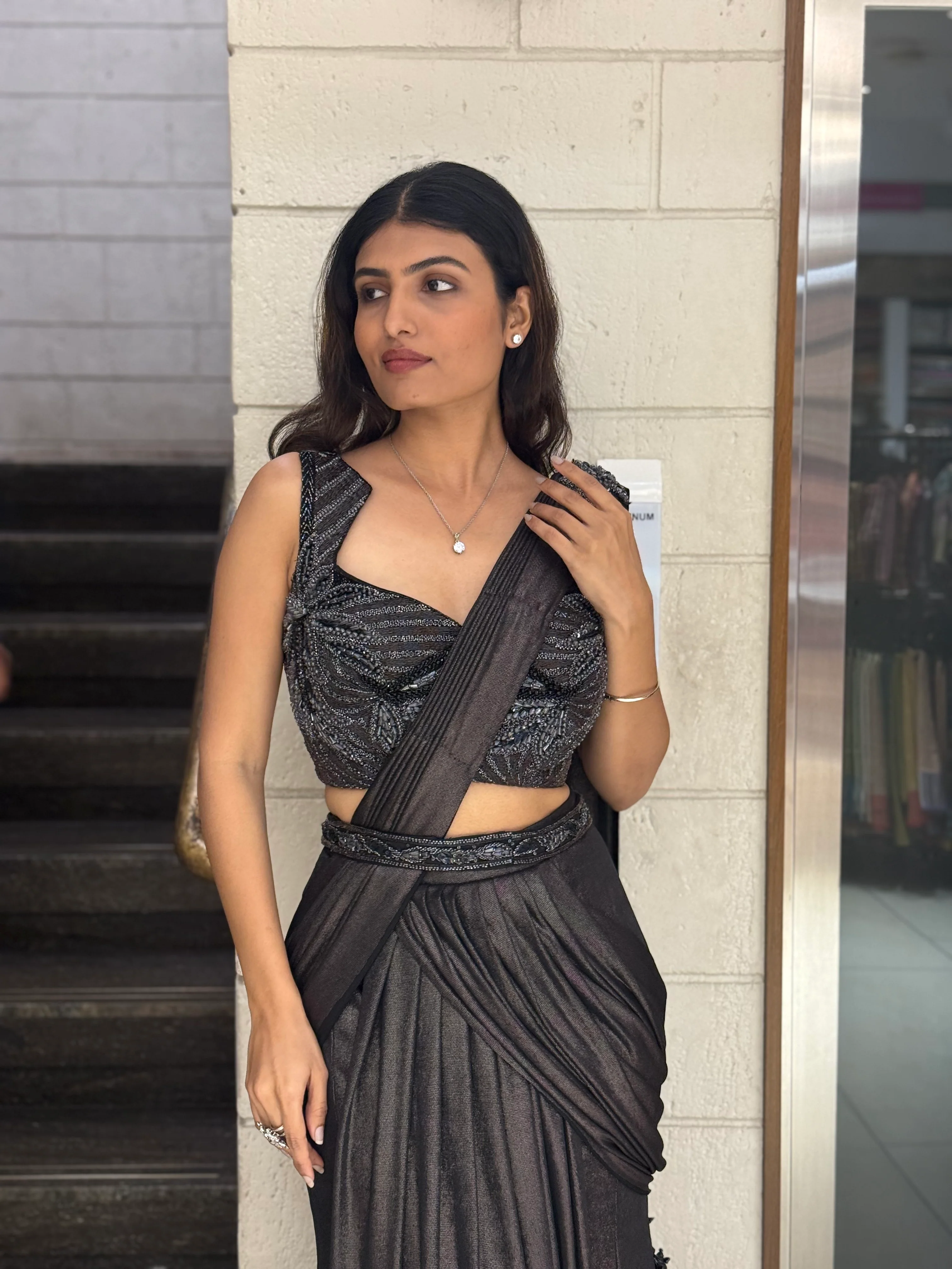 Metallic Charcoal Designer Ready-to-Wear Saree with Embellished Blouse - Image 4