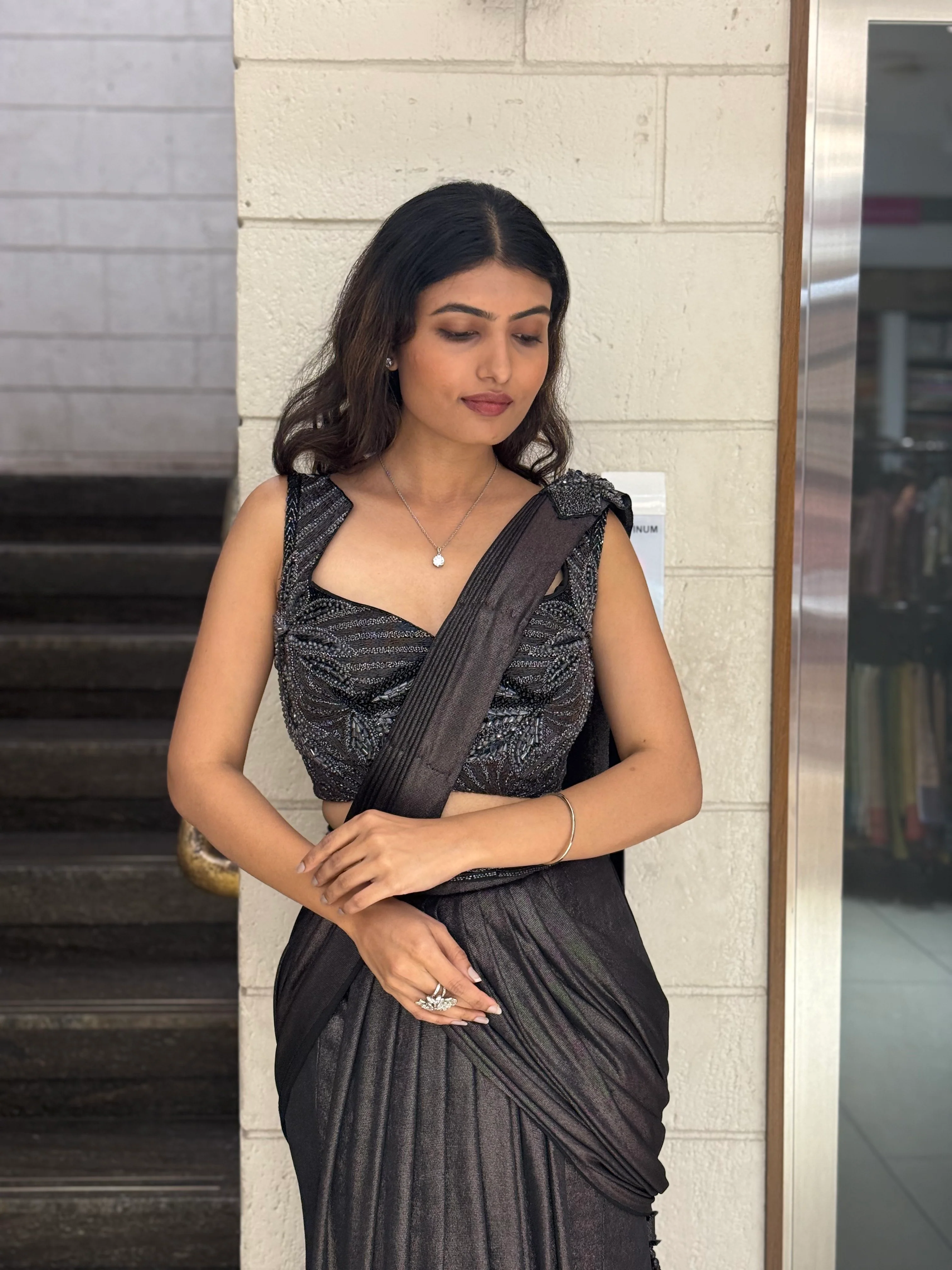 Metallic Charcoal Designer Ready-to-Wear Saree with Embellished Blouse - Image 5