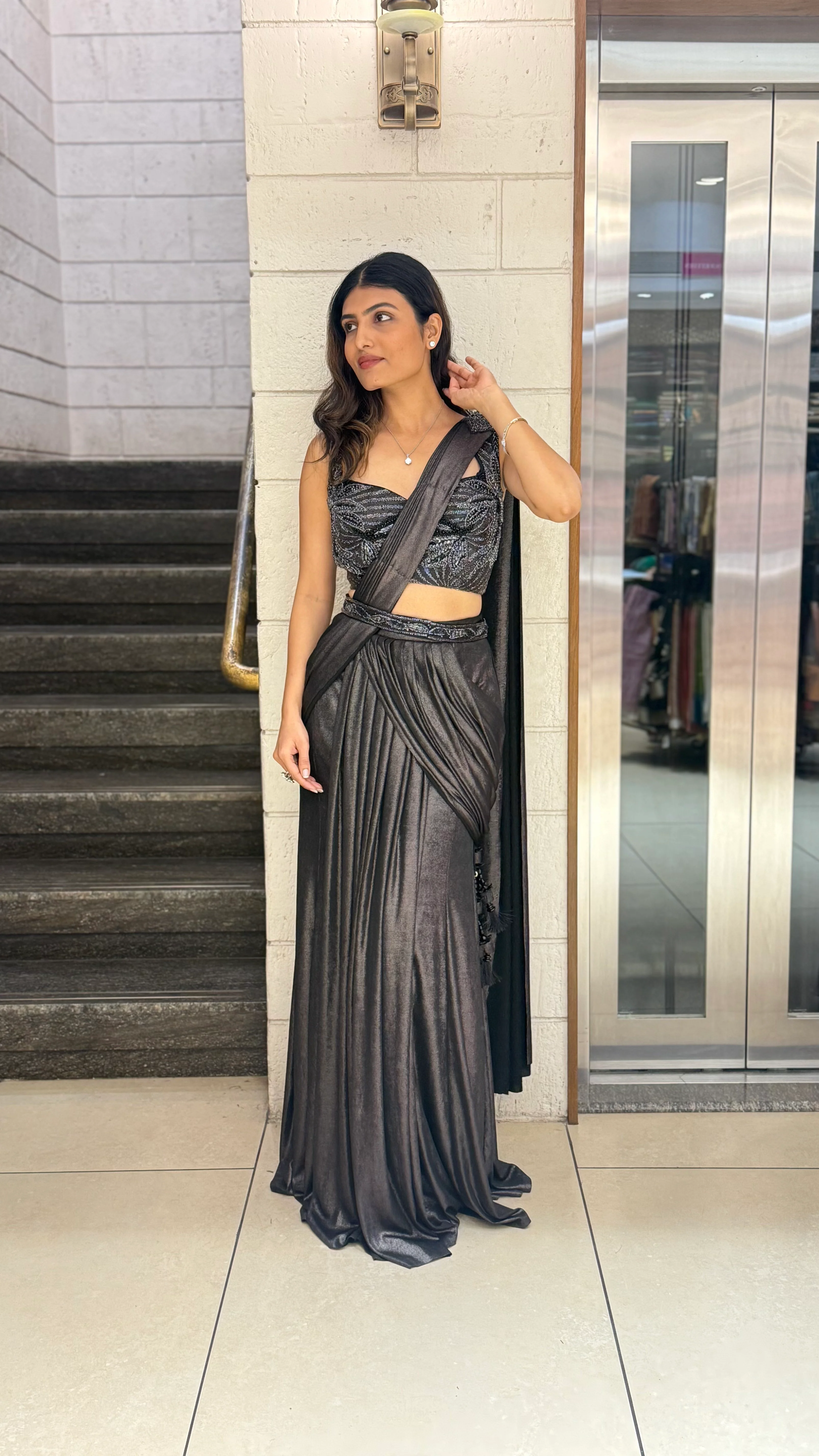 Metallic Charcoal Designer Ready-to-Wear Saree with Embellished Blouse - Image 6