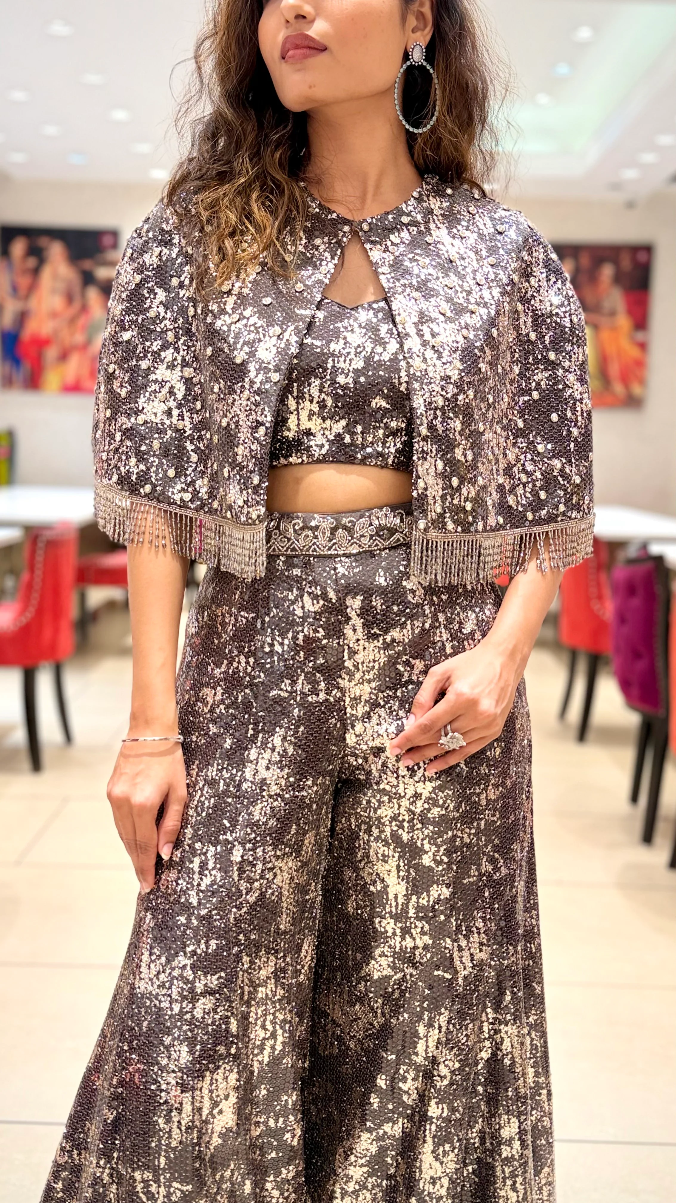 Metallic Sequin Indo-Western Palazzo Set with Cape Jacket - Image 2