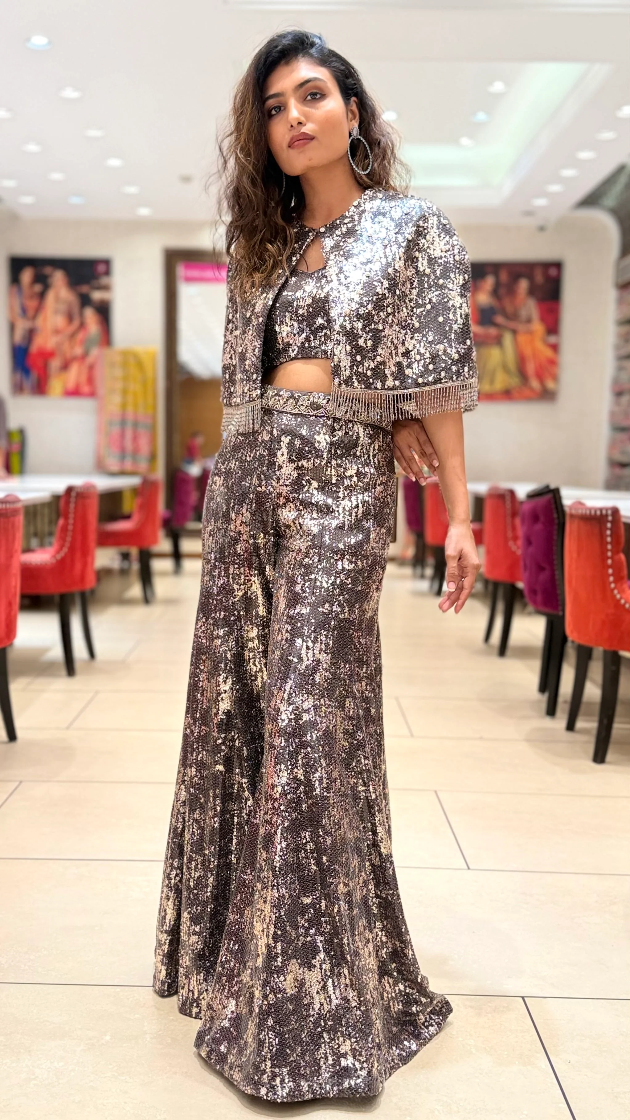 Metallic Sequin Indo-Western Palazzo Set with Cape Jacket - Image 3