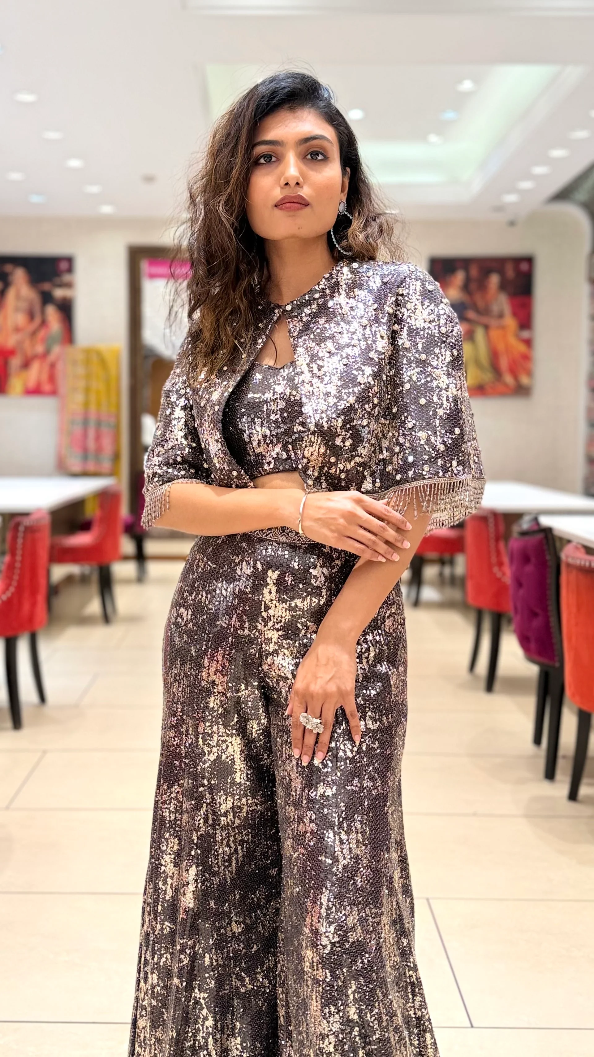 Metallic Sequin Indo-Western Palazzo Set with Cape Jacket - Image 5