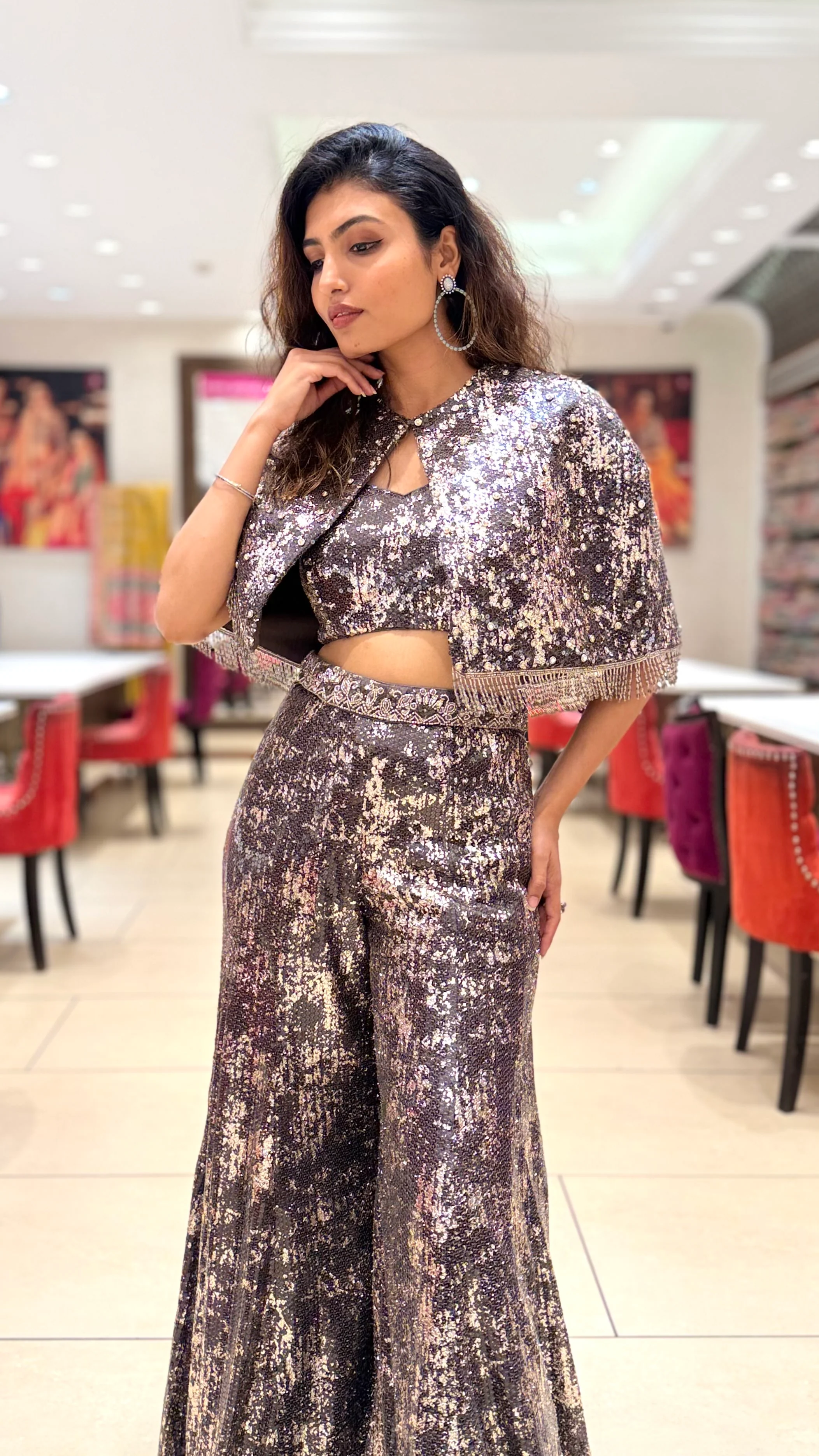 Metallic Sequin Indo-Western Palazzo Set with Cape Jacket - Image 6