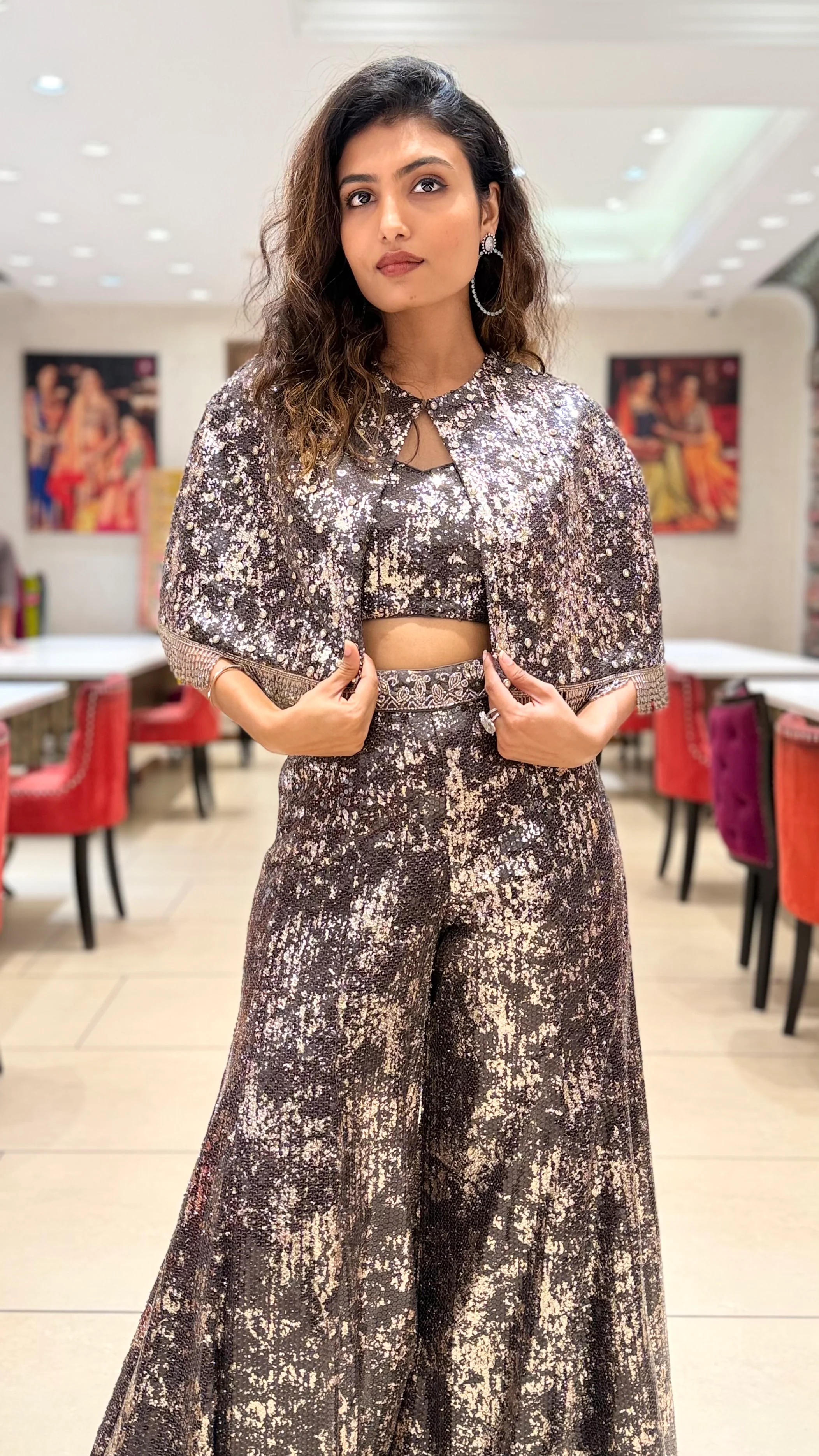 Metallic Sequin Indo-Western Palazzo Set with Cape Jacket - Image 7
