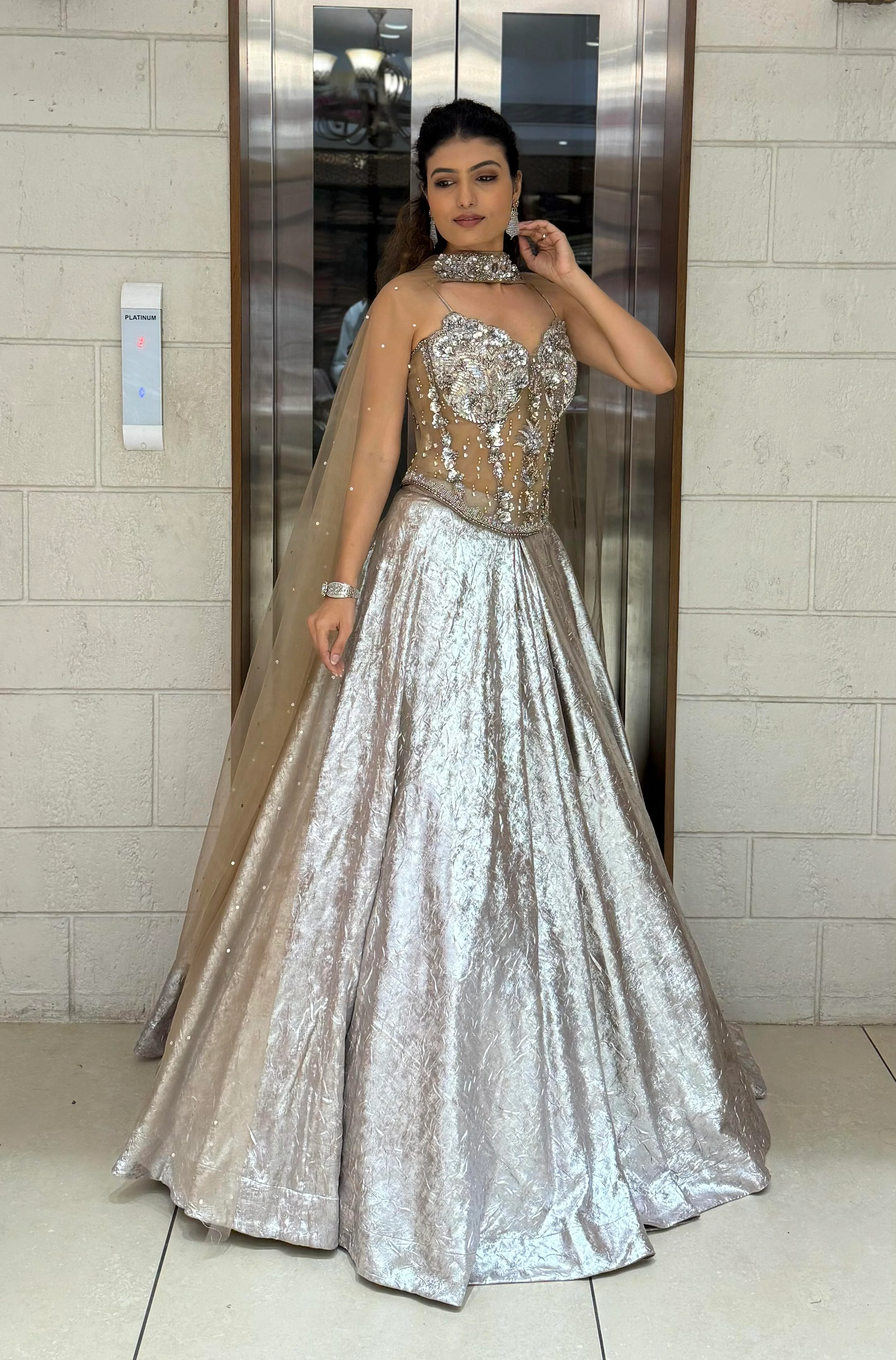 Metallic Silver Lehenga Choli with 3D Crystal Corset & Sheer Cape Dupatta - Image 3